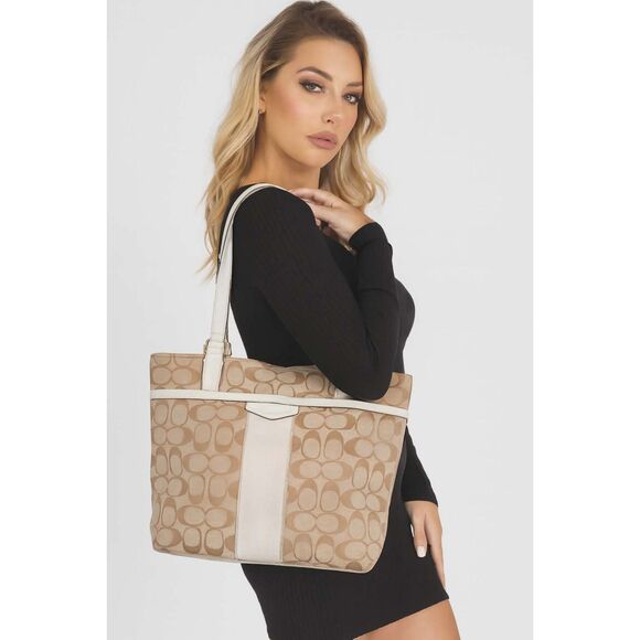 Coach Handbags - 12CM COACH SHOULDER TOTE BAG KHAKI IVORY SIGNATURE JACQUARD HANDBAG PURSE WOMENS